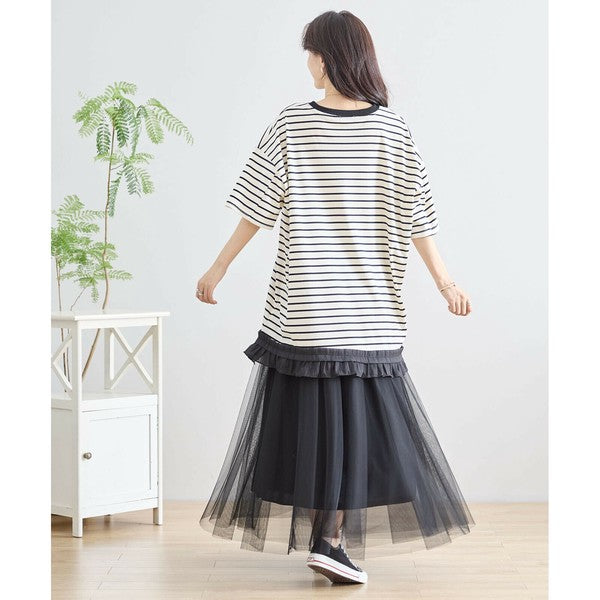 【L〜LL】裾フリル付きボーダーチュニック 半袖 ゆったりカットソー コットン混