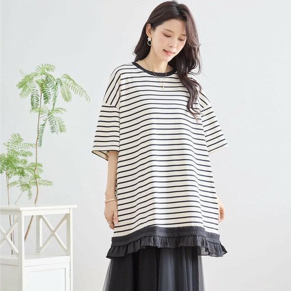 【L〜LL】裾フリル付きボーダーチュニック 半袖 ゆったりカットソー コットン混