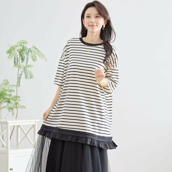 【L〜LL】裾フリル付きボーダーチュニック 半袖 ゆったりカットソー コットン混