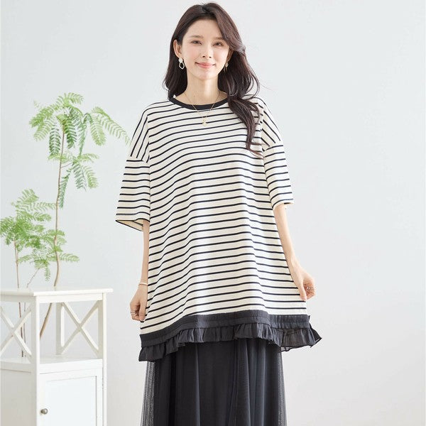 【L〜LL】裾フリル付きボーダーチュニック 半袖 ゆったりカットソー コットン混