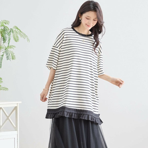 【L〜LL】裾フリル付きボーダーチュニック 半袖 ゆったりカットソー コットン混