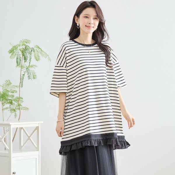 【L〜LL】裾フリル付きボーダーチュニック 半袖 ゆったりカットソー コットン混
