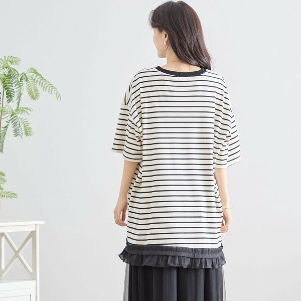 【L〜LL】裾フリル付きボーダーチュニック 半袖 ゆったりカットソー コットン混