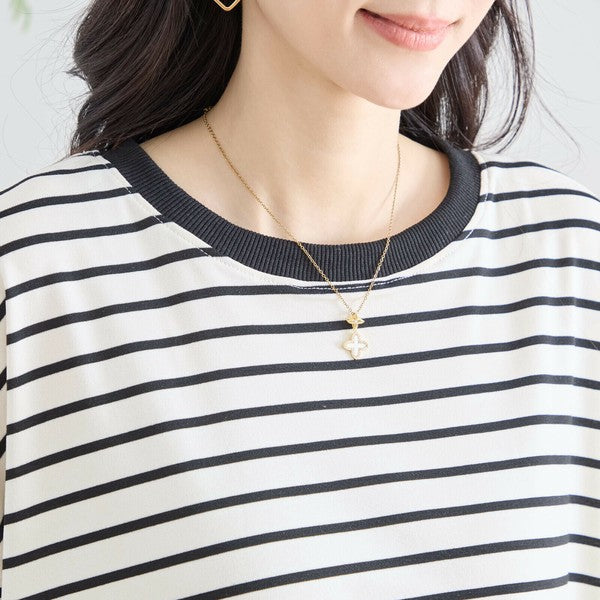 【L〜LL】裾フリル付きボーダーチュニック 半袖 ゆったりカットソー コットン混