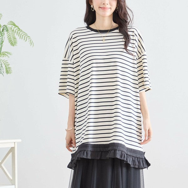 【L〜LL】裾フリル付きボーダーチュニック 半袖 ゆったりカットソー コットン混