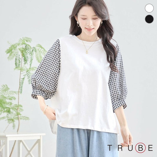 トップス L〜LL 大きいサイズ ギンガム袖切替 コットン プルオーバー レディース 五分袖/N12-504
