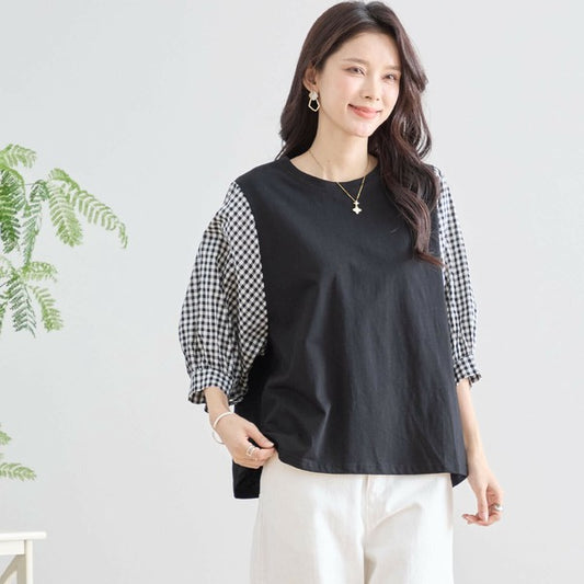 トップス L〜LL 大きいサイズ ギンガム袖切替 コットン プルオーバー レディース 五分袖/N12-504