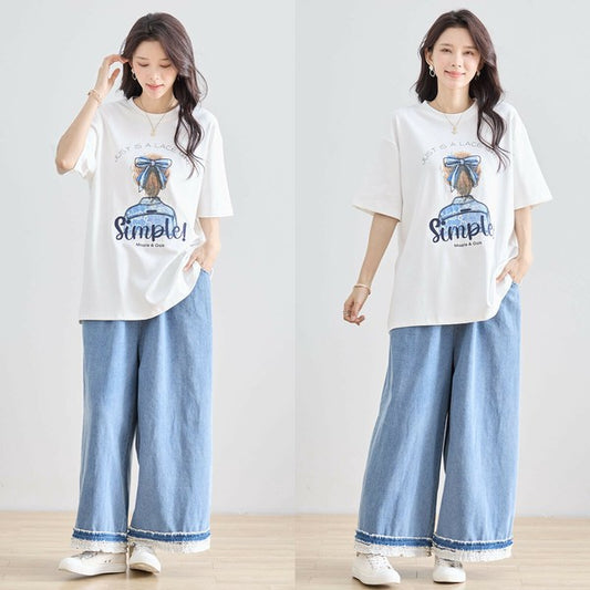 【M〜L】立体リボン×刺繍ガールプリントTシャツ|ゆったりサイズ×綿混×3色展開(N12-627)