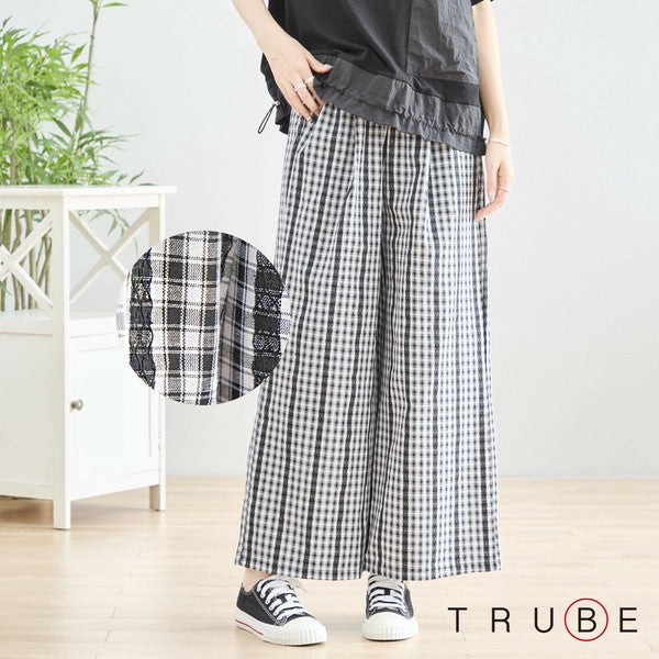 M~L チェック&レースライン ワイドパンツ ウエストゴム ポケット付 レディース ボトムス 綿 夏/ブラック 黒可/N53-025