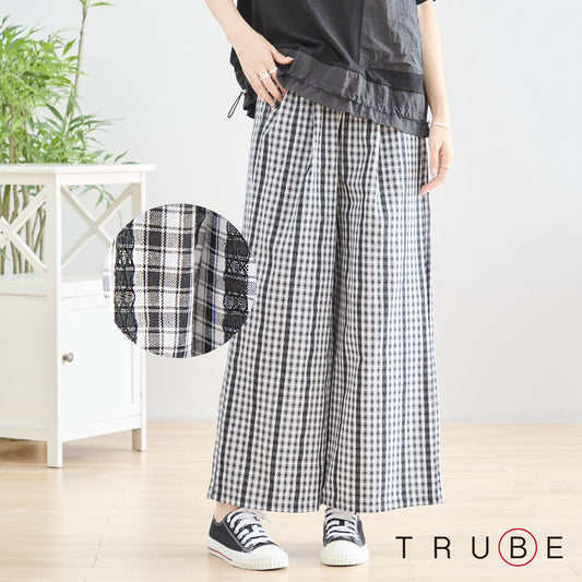 【M〜L】チェック&レースラインワイドパンツ(N53-025)|綿100%×涼感素材×ゆったりシルエット