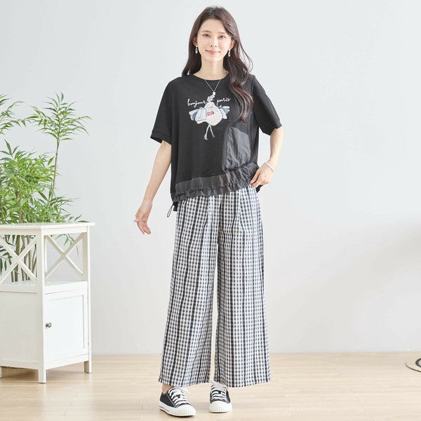 M~L チェック&レースライン ワイドパンツ ウエストゴム ポケット付 レディース ボトムス 綿 夏/ブラック 黒可/N53-025