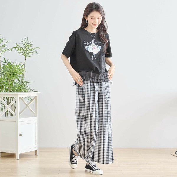 M~L チェック&レースライン ワイドパンツ ウエストゴム ポケット付 レディース ボトムス 綿 夏/ブラック 黒可/N53-025