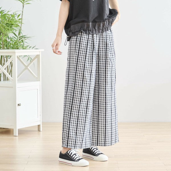 M~L チェック&レースライン ワイドパンツ ウエストゴム ポケット付 レディース ボトムス 綿 夏/ブラック 黒可/N53-025