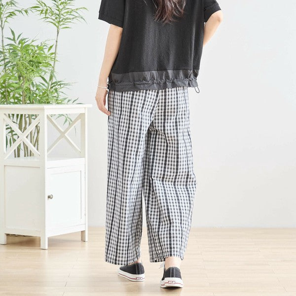 M~L チェック&レースライン ワイドパンツ ウエストゴム ポケット付 レディース ボトムス 綿 夏/ブラック 黒可/N53-025