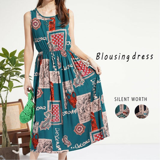 【Mサイズ】総柄レーヨンブラウジングワンピース|ノースリーブ・美シルエット・夏コーデ・Y-0105