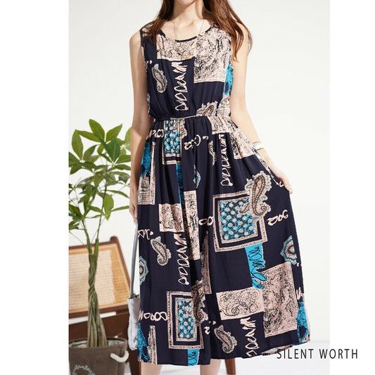 【Mサイズ】総柄レーヨンブラウジングワンピース|ノースリーブ・美シルエット・夏コーデ・Y-0105