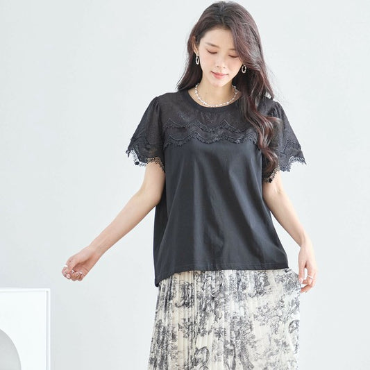 【M〜L】レース袖が映えるコットンTシャツ|上品透け感&伸縮・N12-648 TRUBE