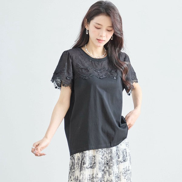 【M〜L】レース袖が映えるコットンTシャツ|上品透け感&伸縮・N12-648 TRUBE