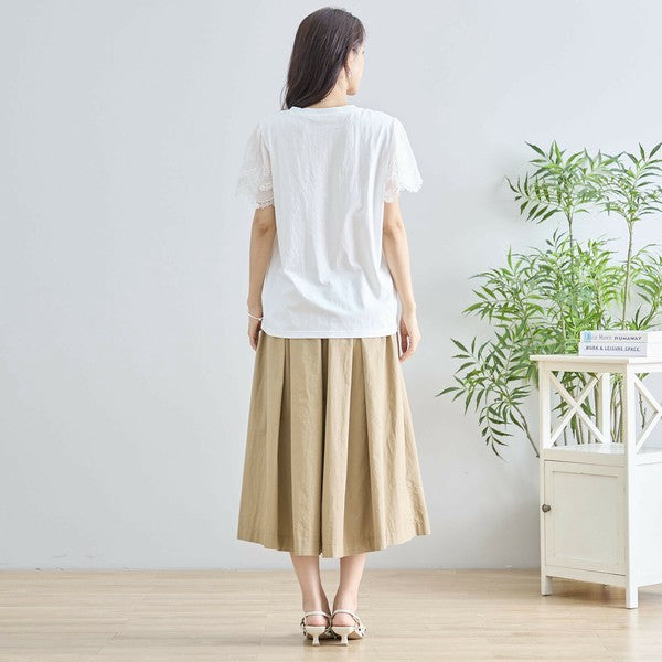 【M〜L】レース袖が映えるコットンTシャツ|上品透け感&伸縮・N12-648 TRUBE