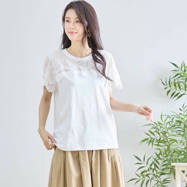 【M〜L】レース袖が映えるコットンTシャツ|上品透け感&伸縮・N12-648 TRUBE