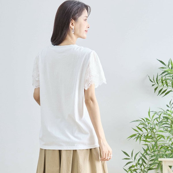 【M〜L】レース袖が映えるコットンTシャツ|上品透け感&伸縮・N12-648 TRUBE