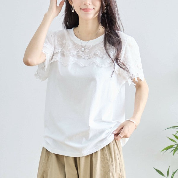 【M〜L】レース袖が映えるコットンTシャツ|上品透け感&伸縮・N12-648 TRUBE