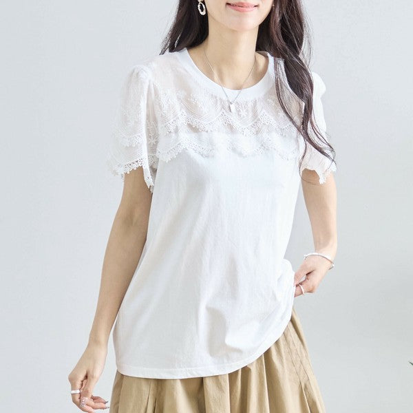 【M〜L】レース袖が映えるコットンTシャツ|上品透け感&伸縮・N12-648 TRUBE