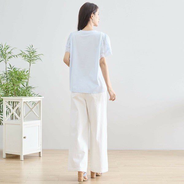 【M〜L】レース袖が映えるコットンTシャツ|上品透け感&伸縮・N12-648 TRUBE