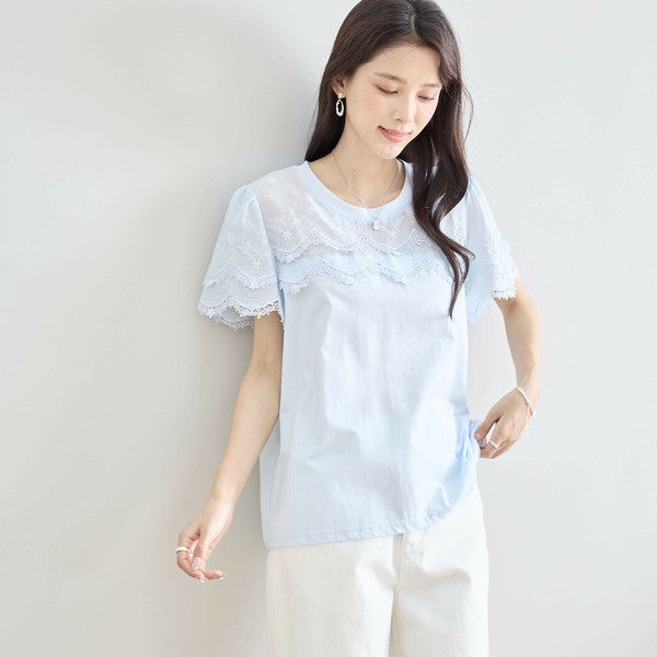 【M〜L】レース袖が映えるコットンTシャツ|上品透け感&伸縮・N12-648 TRUBE