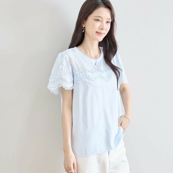 【M〜L】レース袖が映えるコットンTシャツ|上品透け感&伸縮・N12-648 TRUBE