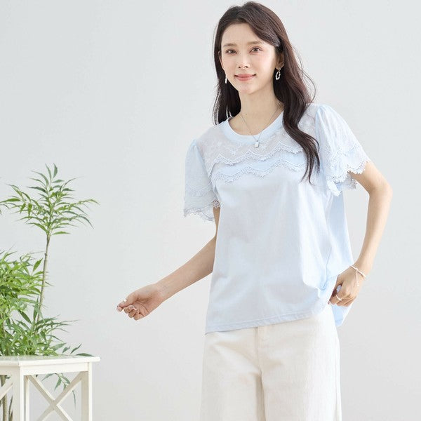 【M〜L】レース袖が映えるコットンTシャツ|上品透け感&伸縮・N12-648 TRUBE