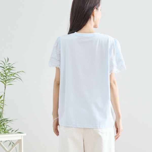 【M〜L】レース袖が映えるコットンTシャツ|上品透け感&伸縮・N12-648 TRUBE