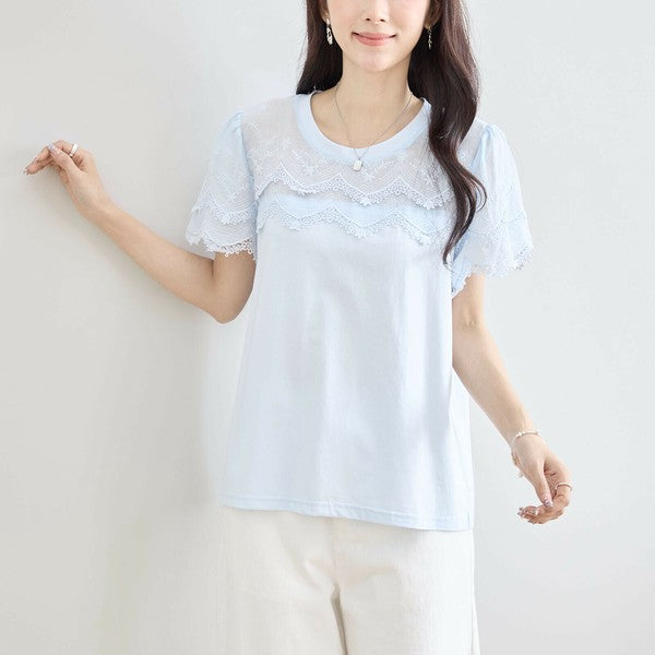 【M〜L】レース袖が映えるコットンTシャツ|上品透け感&伸縮・N12-648 TRUBE