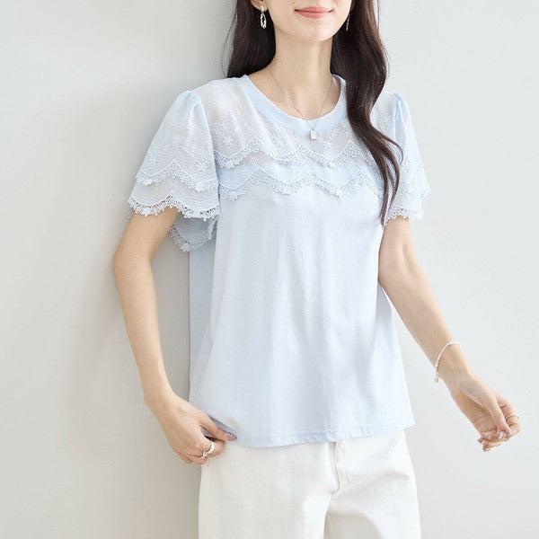 【M〜L】レース袖が映えるコットンTシャツ|上品透け感&伸縮・N12-648 TRUBE