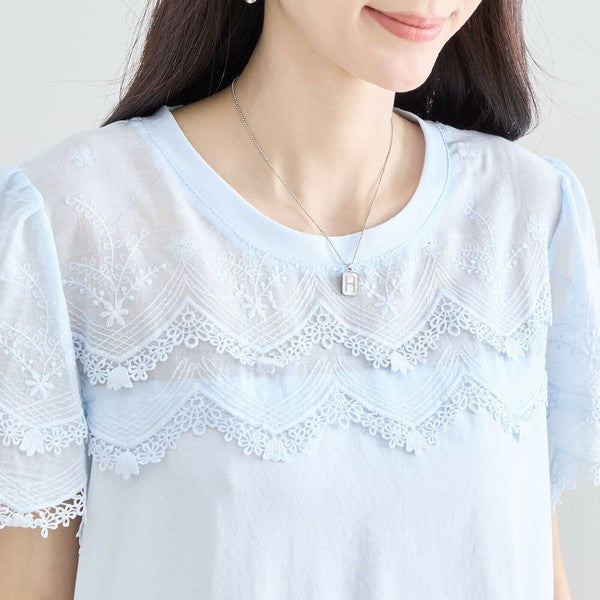 【M〜L】レース袖が映えるコットンTシャツ|上品透け感&伸縮・N12-648 TRUBE