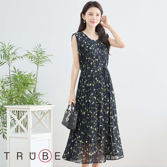 【N82-293A】プリーツ×リーフ柄 ロングワンピース|ノースリーブ・M〜L対応・裏地付き