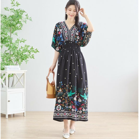 ワンピース M~L フラワー柄 Vネック ウエストシャーリング ロング ワンピ レディース 夏 リゾート 半袖/C38-1156A