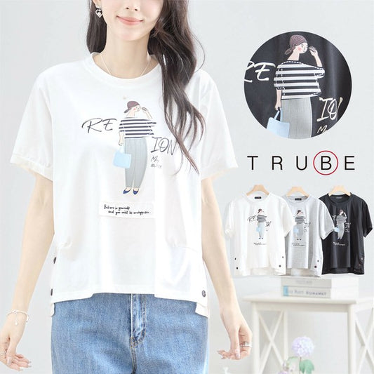 【M〜L】綿混・ガールグラフィックTシャツ|サイドボタン・半袖・カジュアル・N12-655