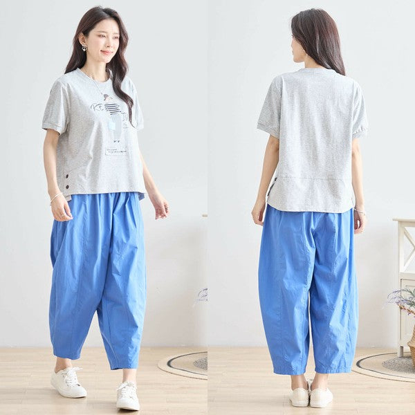 【M〜L】綿混・ガールグラフィックTシャツ|サイドボタン・半袖・カジュアル・N12-655