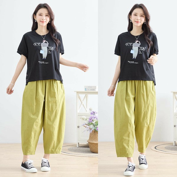 【M〜L】綿混・ガールグラフィックTシャツ|サイドボタン・半袖・カジュアル・N12-655