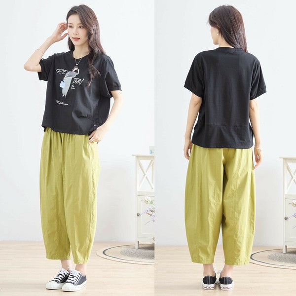【M〜L】綿混・ガールグラフィックTシャツ|サイドボタン・半袖・カジュアル・N12-655