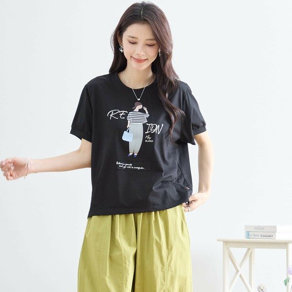 【M〜L】綿混・ガールグラフィックTシャツ|サイドボタン・半袖・カジュアル・N12-655