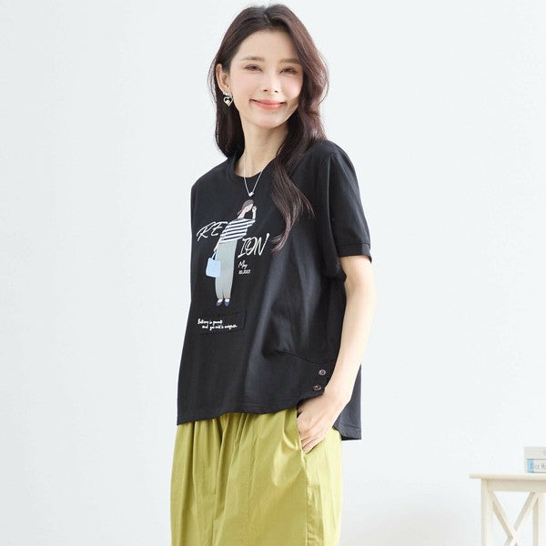 【M〜L】綿混・ガールグラフィックTシャツ|サイドボタン・半袖・カジュアル・N12-655