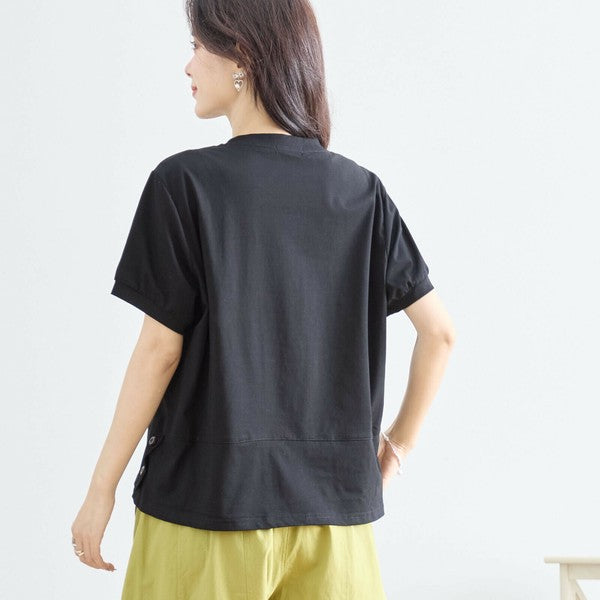 【M〜L】綿混・ガールグラフィックTシャツ|サイドボタン・半袖・カジュアル・N12-655