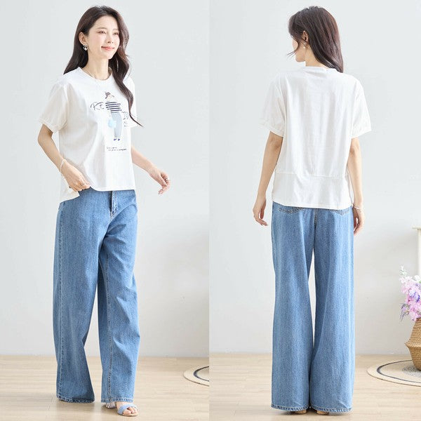 【M〜L】綿混・ガールグラフィックTシャツ|サイドボタン・半袖・カジュアル・N12-655