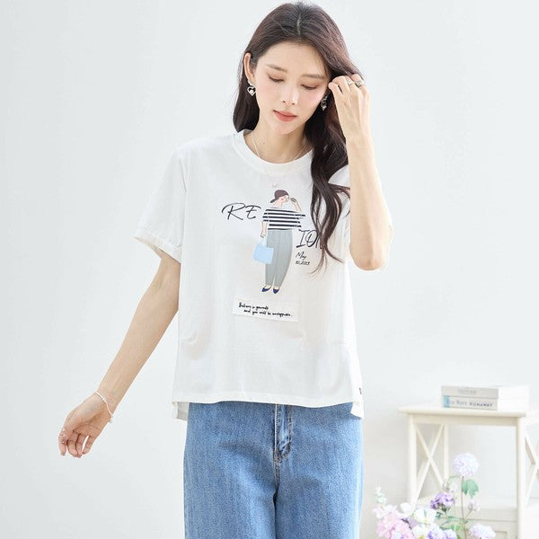【M〜L】綿混・ガールグラフィックTシャツ|サイドボタン・半袖・カジュアル・N12-655