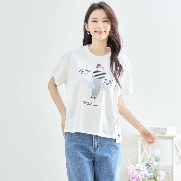 【M〜L】綿混・ガールグラフィックTシャツ|サイドボタン・半袖・カジュアル・N12-655