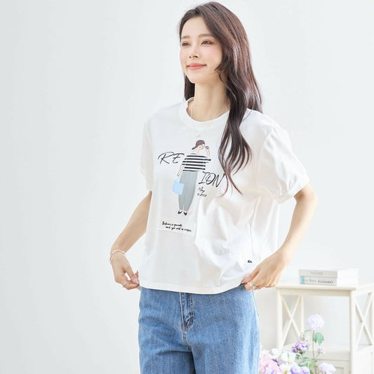 【M〜L】綿混・ガールグラフィックTシャツ|サイドボタン・半袖・カジュアル・N12-655