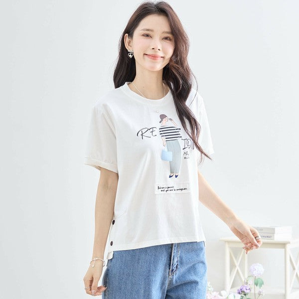 【M〜L】綿混・ガールグラフィックTシャツ|サイドボタン・半袖・カジュアル・N12-655