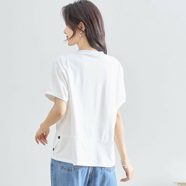 【M〜L】綿混・ガールグラフィックTシャツ|サイドボタン・半袖・カジュアル・N12-655